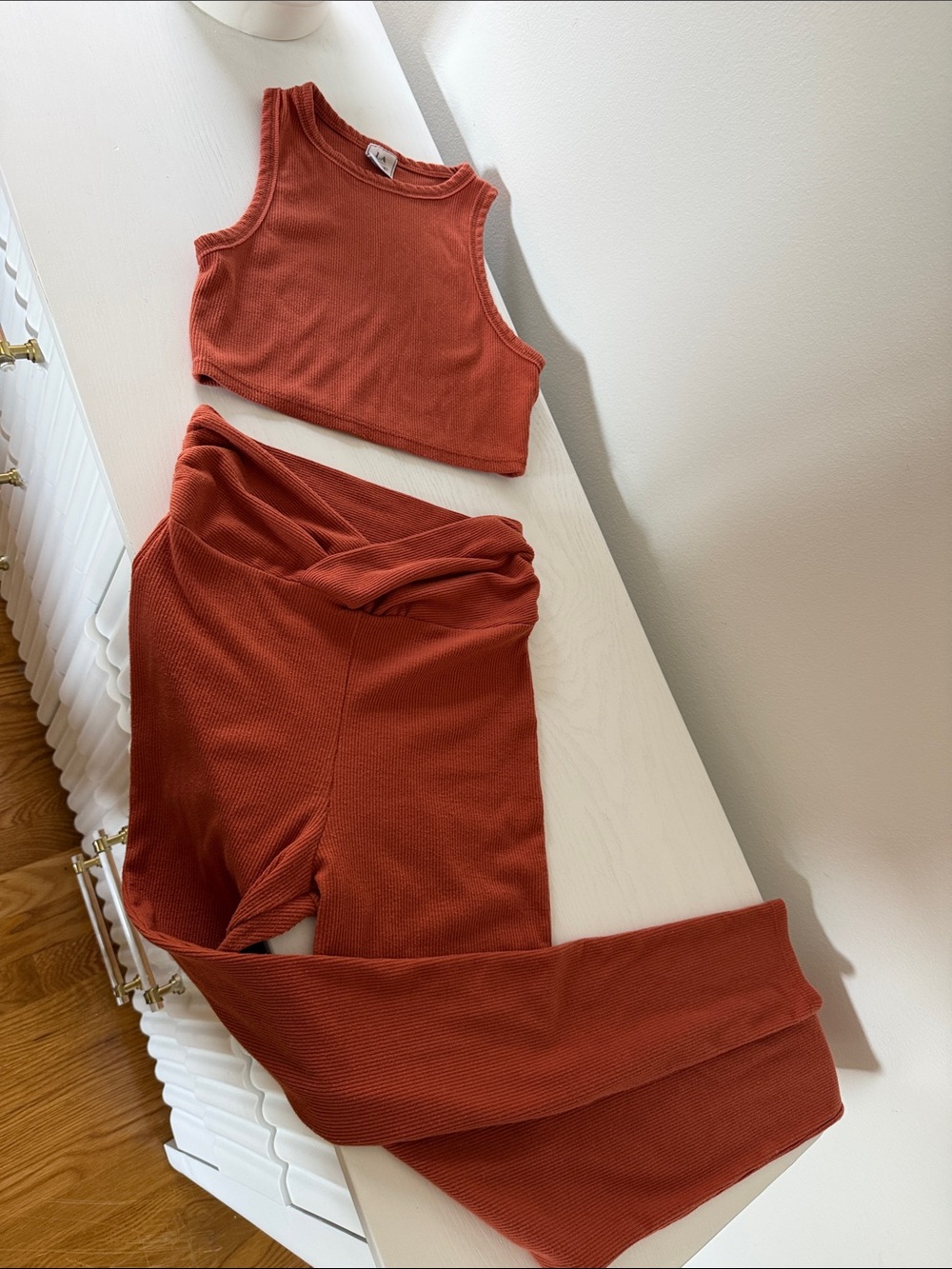 Luxe Ribbed Rust Crop Tank & High-Waist Leggings Set